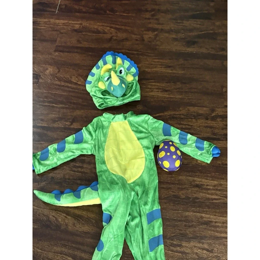 Kids Triceratops Dinosaur Costume Green Plush Jumpsuit Hood and Egg Accessory 3T